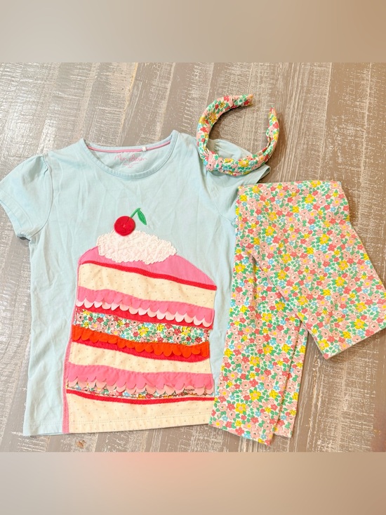 Mini Boden Other - Mini Boden Light Blue Cake Appliqué Pajama Set with Floral Leggings and Headband